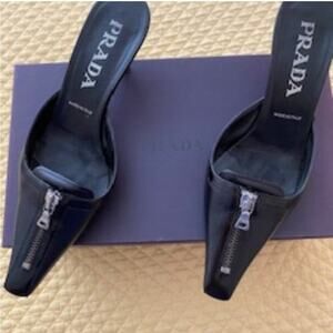 Prada Black Leather kitten heel Mules with Zippered Toe heels shoes